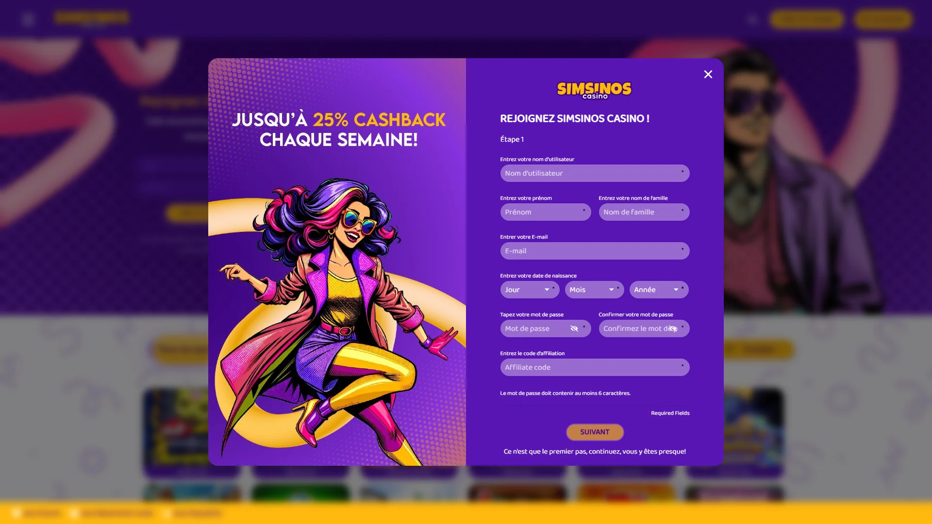 Création de compte Simsinos Casino